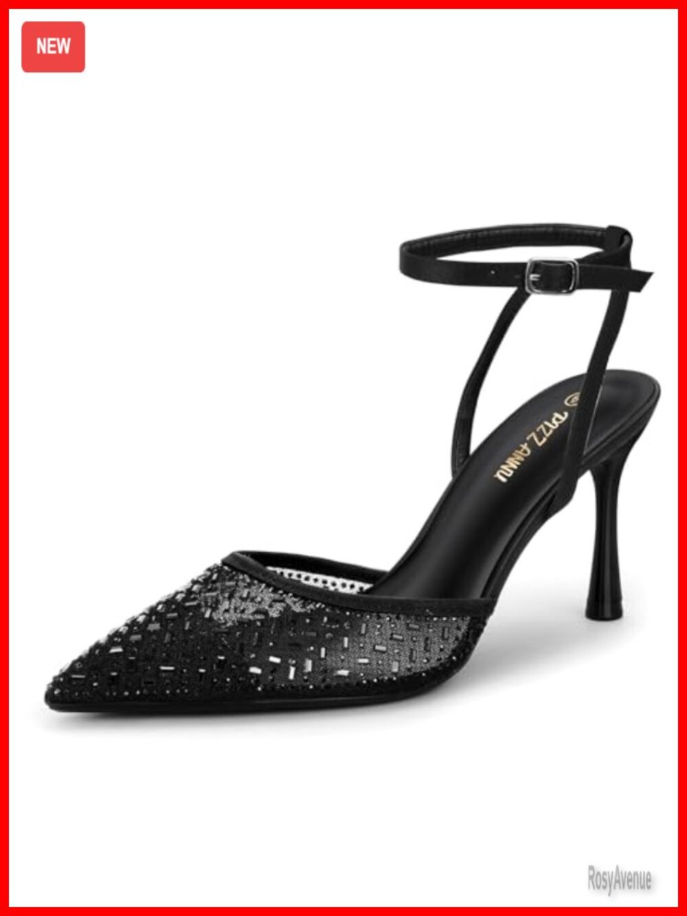 PIZZ ANNU Women's Cienna High Heels Stiletto Pumps Mesh Rhinestones Ankle Strap